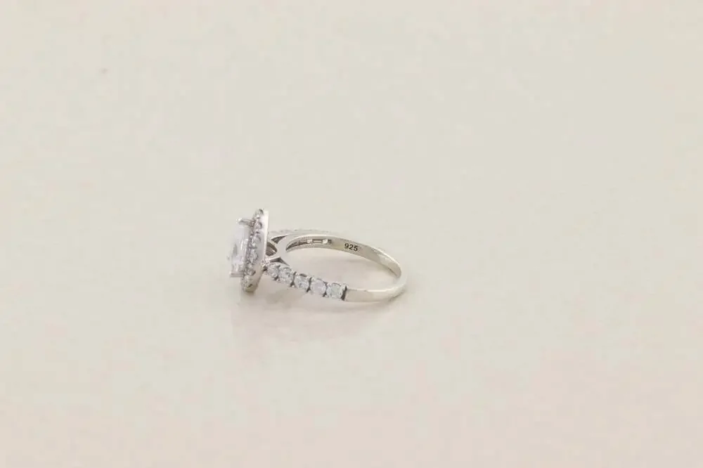 Sterling Silver Sparkly Pear Cut Halo Cubic Zirconia Ring 6 1/4 Engagment Ring